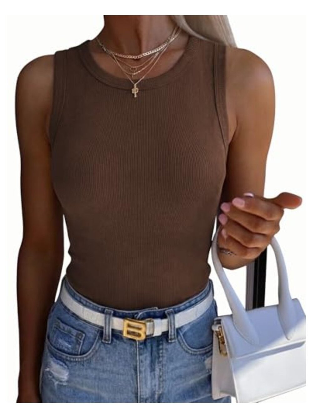 Sleeveless High Neck Ribbed Slim Fit Tank Top Fitted Basic Camisole